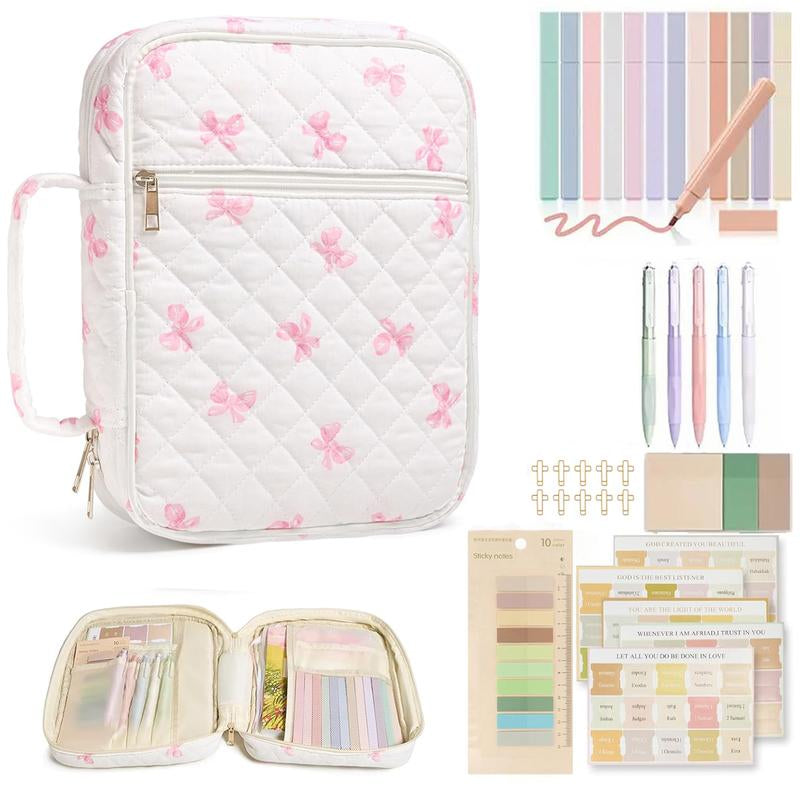Large Floral Quilted Bible Bag for Women | Study Bible Cover with Handle, Organizer Pockets & Accessories