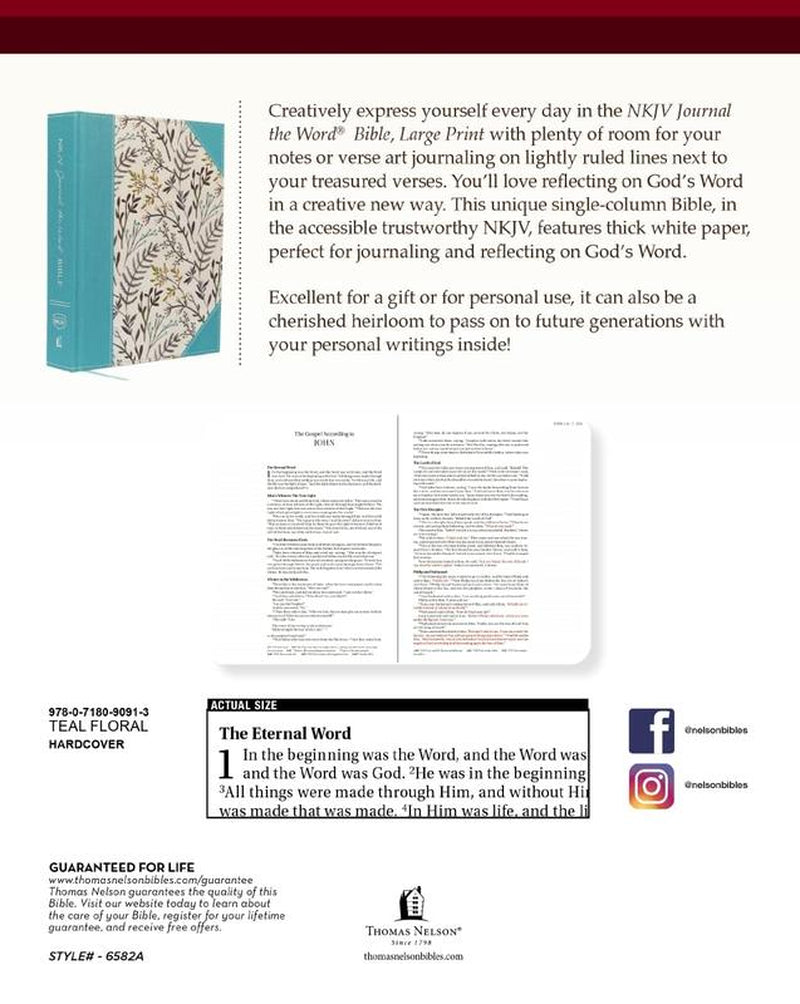 NKJV Journal the Word Bible, Large Print | Hardcover Cloth, Blue Floral Design | Wide-Margin for Notes & Art