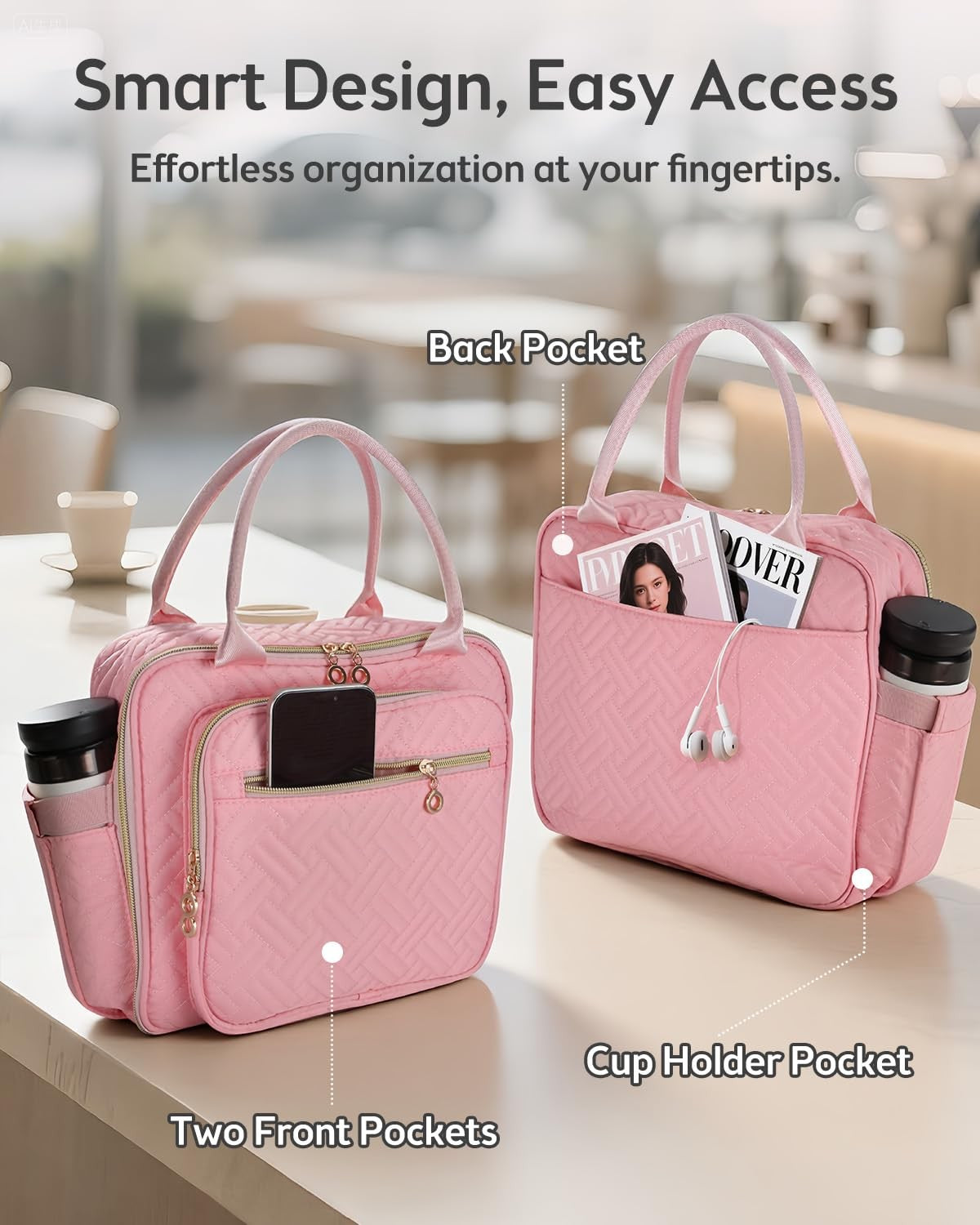 Large Quilted Pink Bible Bag for Women | Study Bible Cover with Shoulder Strap & Organizer Pockets