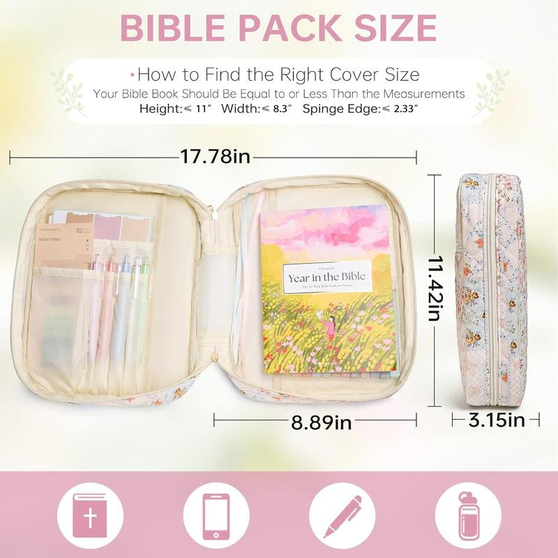 Large Floral Quilted Bible Bag for Women | Study Bible Cover with Handle, Organizer Pockets & Accessories