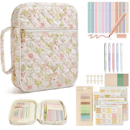 Large Floral Quilted Bible Bag for Women | Study Bible Cover with Handle, Organizer Pockets & Accessories
