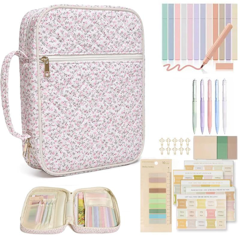 Large Floral Quilted Bible Bag for Women | Study Bible Cover with Handle, Organizer Pockets & Accessories
