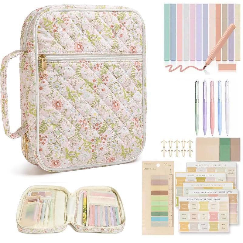 Large Floral Quilted Bible Bag for Women | Study Bible Cover with Handle, Organizer Pockets & Accessories