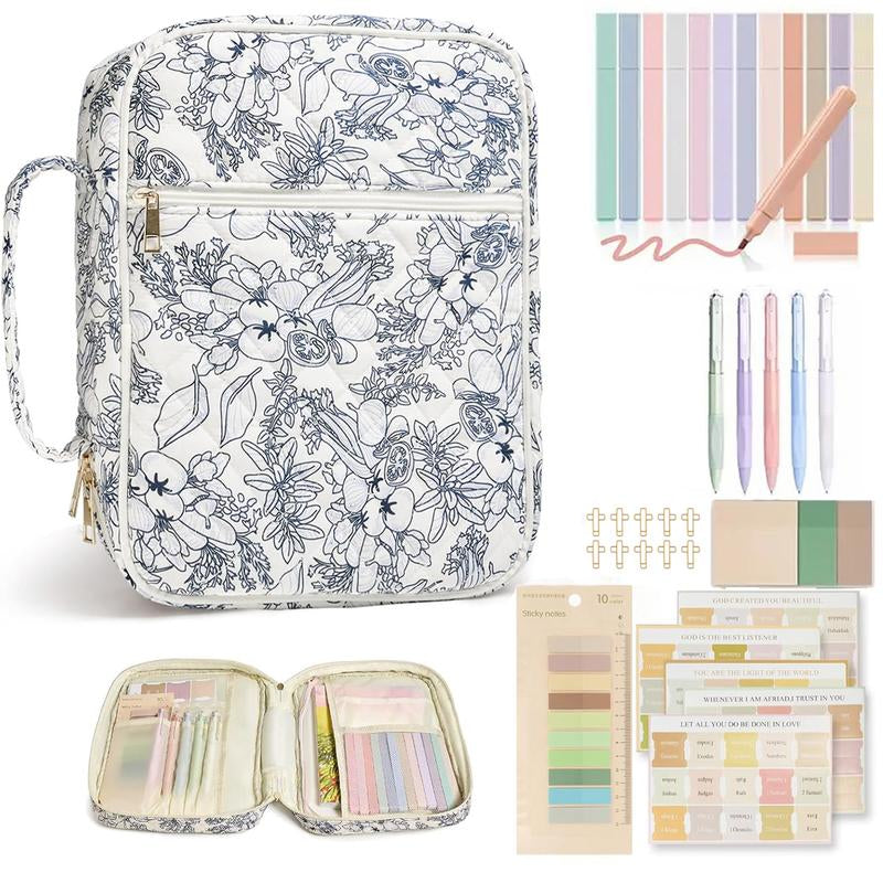 Large Floral Quilted Bible Bag for Women | Study Bible Cover with Handle, Organizer Pockets & Accessories