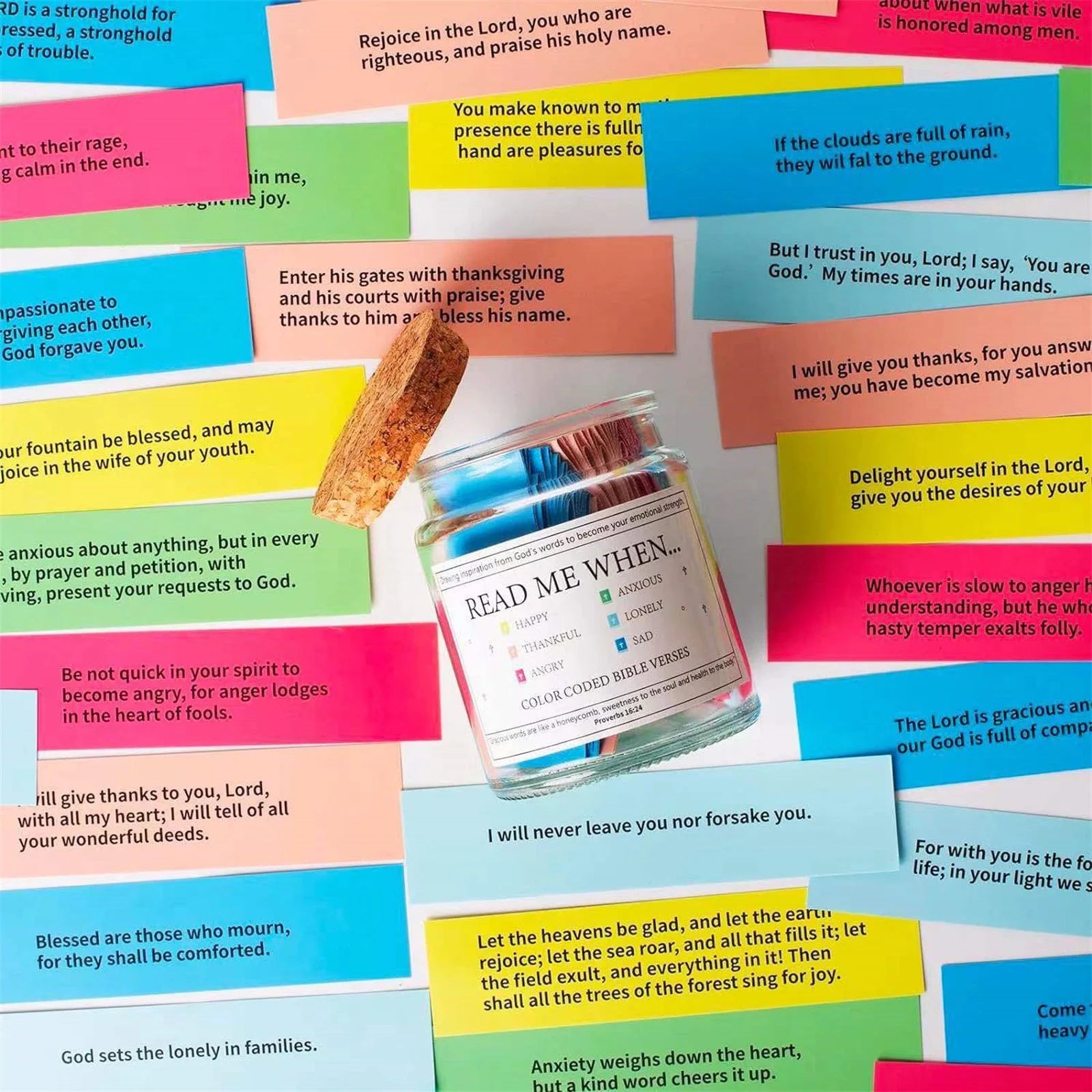 "Read Me When..." Bible Verse Jar | Color-Coded Scripture Cards for Every Emotion & Mood