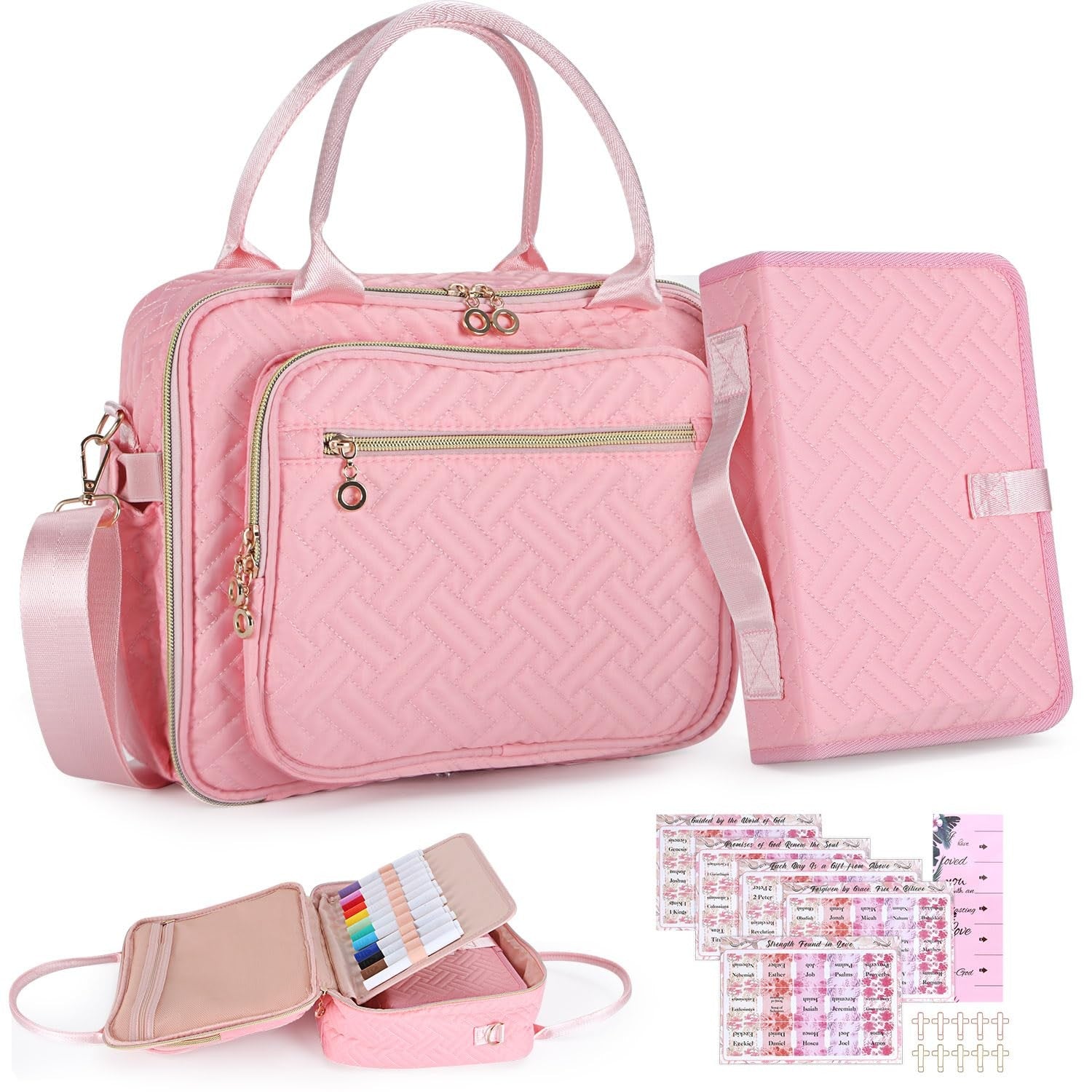 Large Quilted Pink Bible Bag for Women | Study Bible Cover with Shoulder Strap & Organizer Pockets