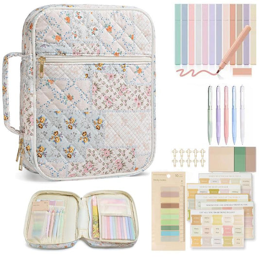 Large Floral Quilted Bible Bag for Women | Study Bible Cover with Handle, Organizer Pockets & Accessories