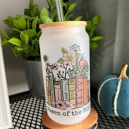 Women of the Bible Glass Tumbler | 18oz Frosted Glass Can with Bamboo Lid & Straw | Christian Faith Drinkware Gift