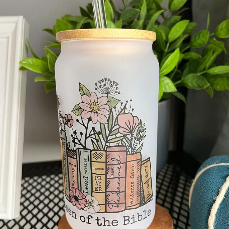 Women of the Bible Glass Tumbler | 18oz Frosted Glass Can with Bamboo Lid & Straw | Christian Faith Drinkware Gift