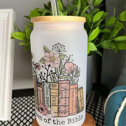 Women of the Bible Glass Tumbler | 18oz Frosted Glass Can with Bamboo Lid & Straw | Christian Faith Drinkware Gift