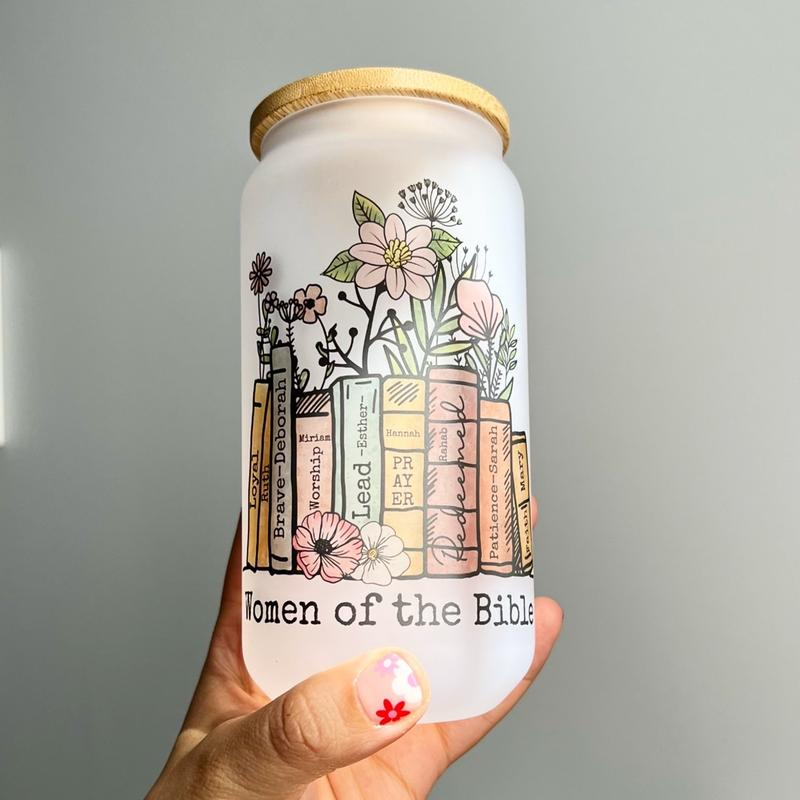 Women of the Bible Glass Tumbler | 18oz Frosted Glass Can with Bamboo Lid & Straw | Christian Faith Drinkware Gift