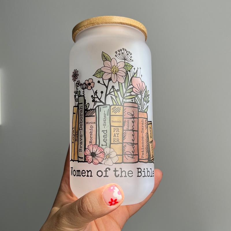 Women of the Bible Glass Tumbler | 18oz Frosted Glass Can with Bamboo Lid & Straw | Christian Faith Drinkware Gift