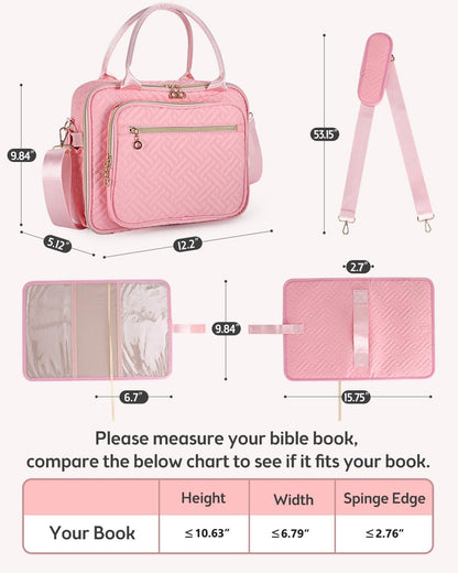 Large Quilted Pink Bible Bag for Women | Study Bible Cover with Shoulder Strap & Organizer Pockets