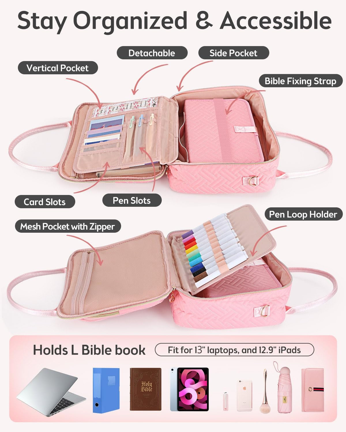 Large Quilted Pink Bible Bag for Women | Study Bible Cover with Shoulder Strap & Organizer Pockets