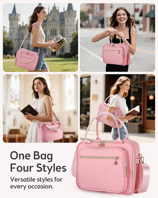 Large Quilted Pink Bible Bag for Women | Study Bible Cover with Shoulder Strap & Organizer Pockets