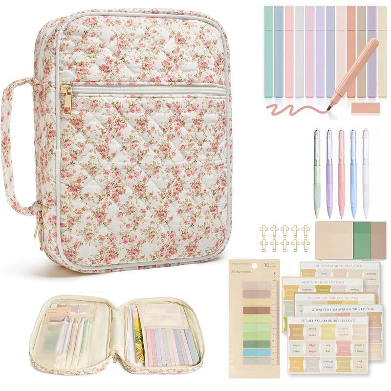 Large Floral Quilted Bible Bag for Women | Study Bible Cover with Handle, Organizer Pockets & Accessories