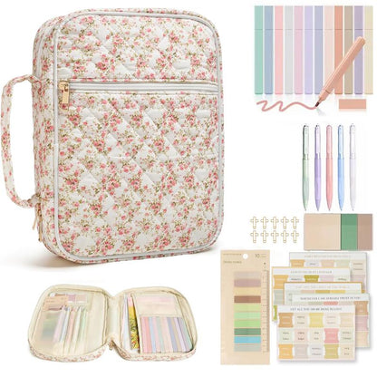 Large Floral Quilted Bible Bag for Women | Study Bible Cover with Handle, Organizer Pockets & Accessories