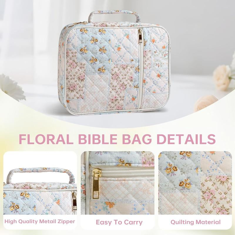 Large Floral Quilted Bible Bag for Women | Study Bible Cover with Handle, Organizer Pockets & Accessories