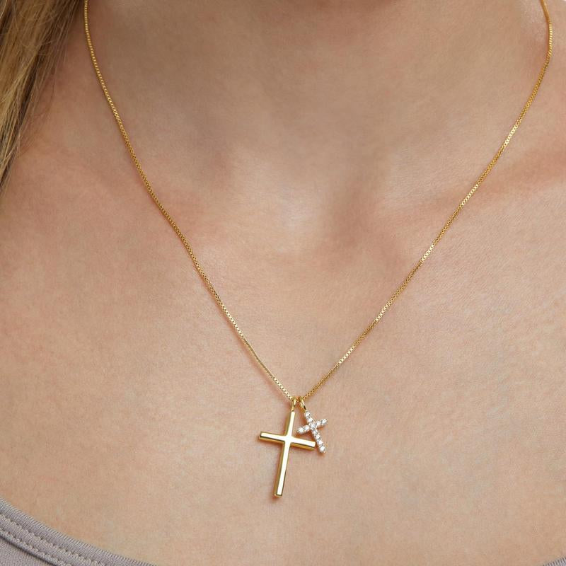 Dainty Double Cross Layered Necklace | Cubic Zirconia Accent | Minimalist Christian Jewelry for Women