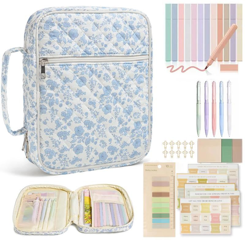 Large Floral Quilted Bible Bag for Women | Study Bible Cover with Handle, Organizer Pockets & Accessories