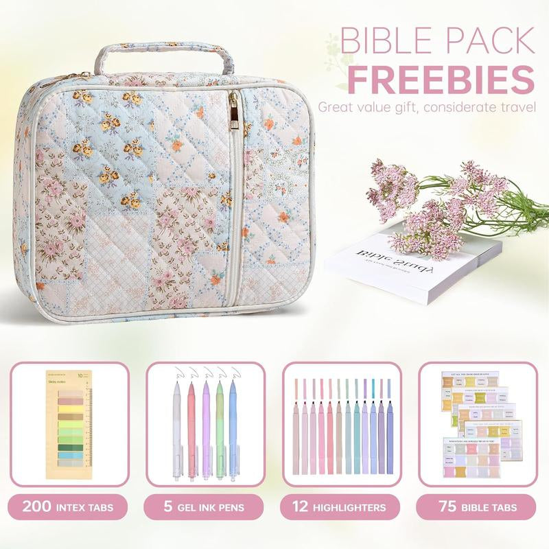 Large Floral Quilted Bible Bag for Women | Study Bible Cover with Handle, Organizer Pockets & Accessories
