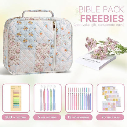 Large Floral Quilted Bible Bag for Women | Study Bible Cover with Handle, Organizer Pockets & Accessories