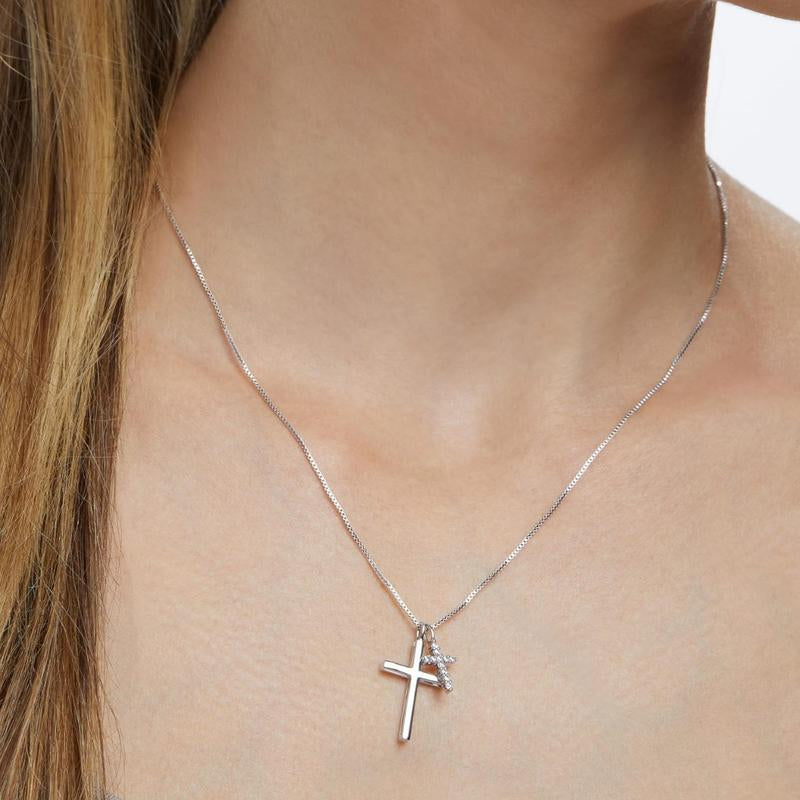 Dainty Double Cross Layered Necklace | Cubic Zirconia Accent | Minimalist Christian Jewelry for Women